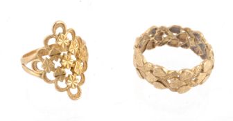 Two yellow precious metal rings, one with a pierced foliate band, stamped 916  Two yellow precious