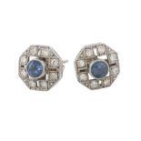 A pair of sapphire and diamond ear studs, the octagonal panels centrally set...  A pair of