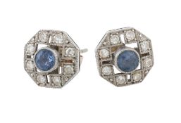 A pair of sapphire and diamond ear studs, the octagonal panels centrally set...  A pair of