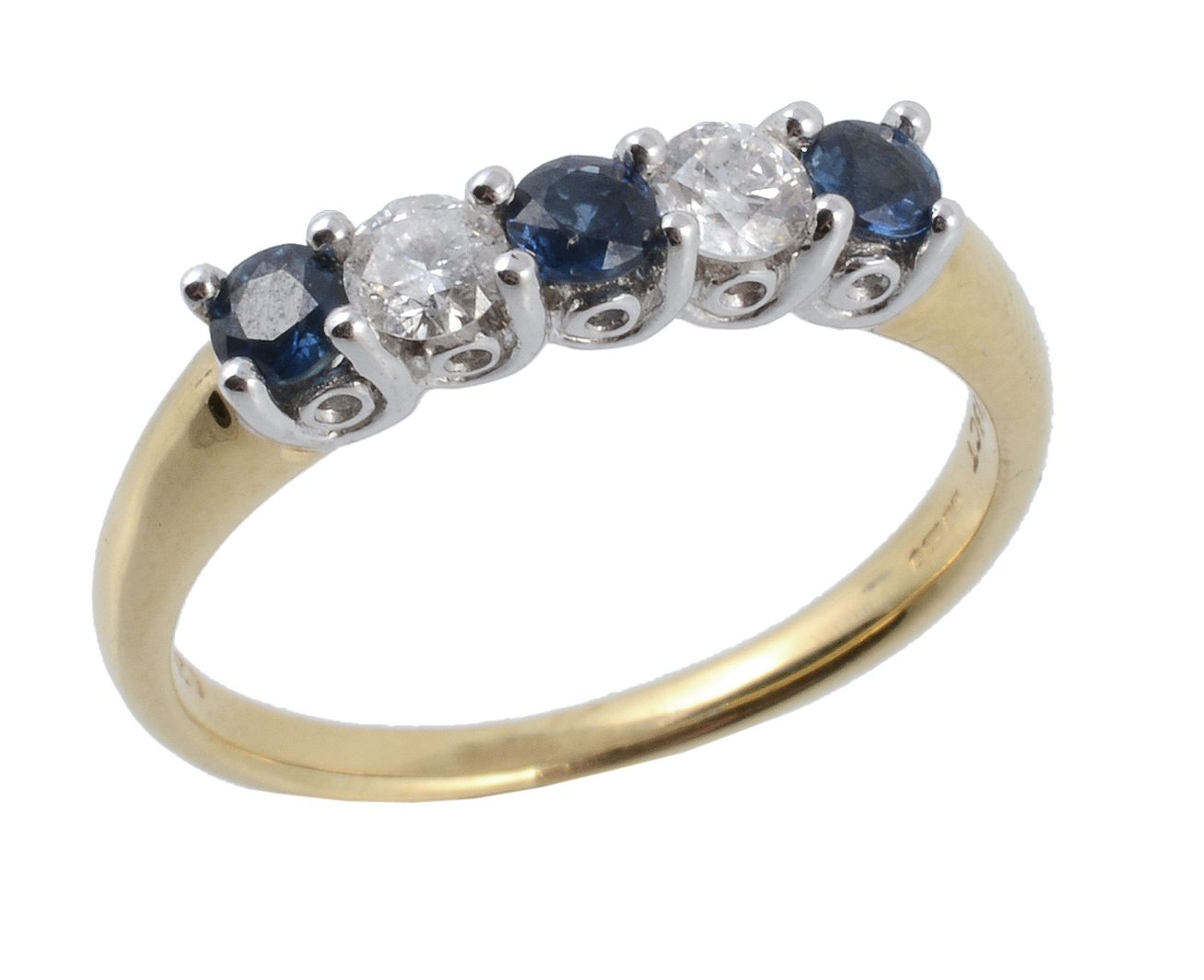 A five stone sapphire and diamond ring, the two round brilliant cut diamonds...  A five stone