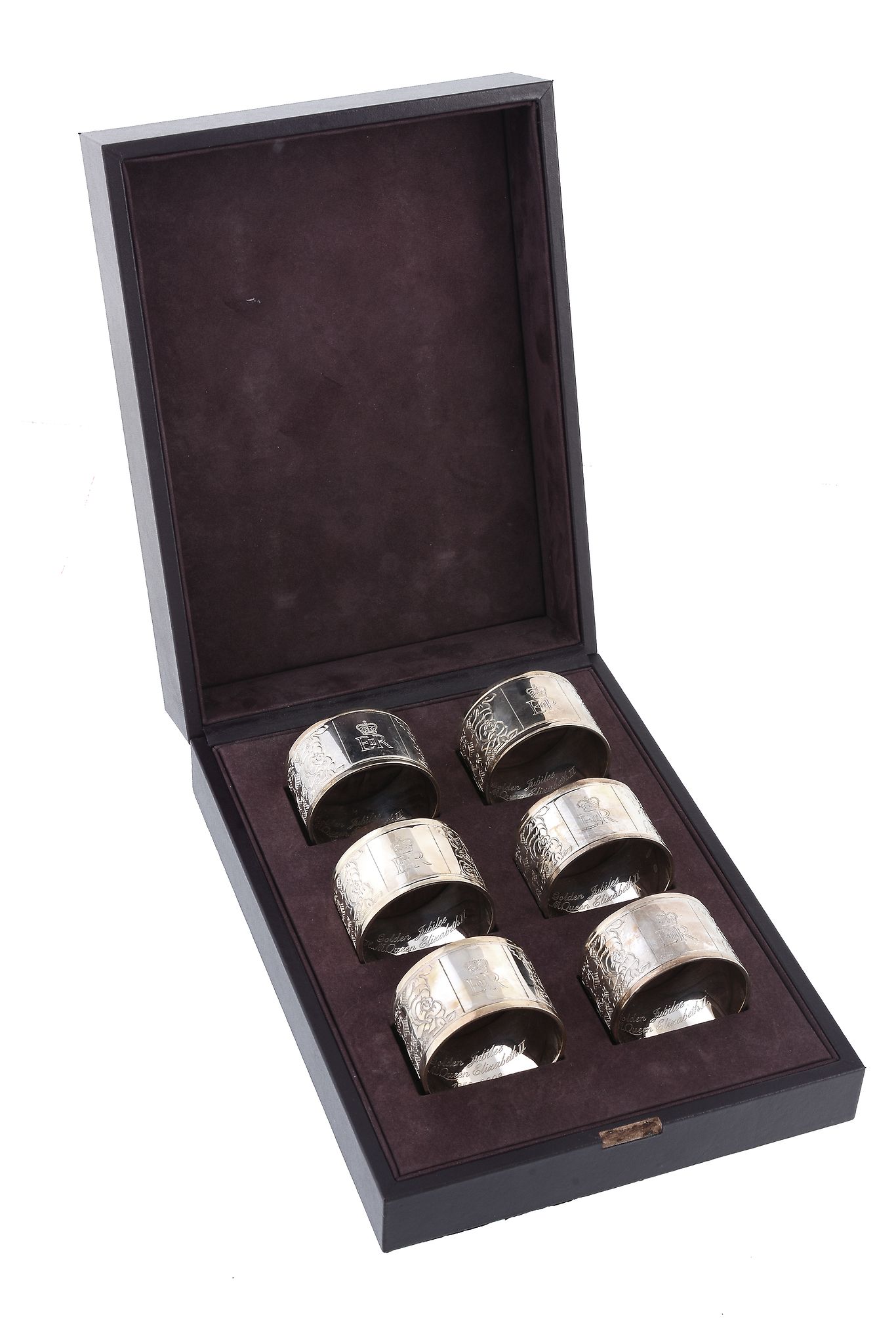 A set of six Britannia standard silver napkin rings commemorating Queen...  A set of six Britannia