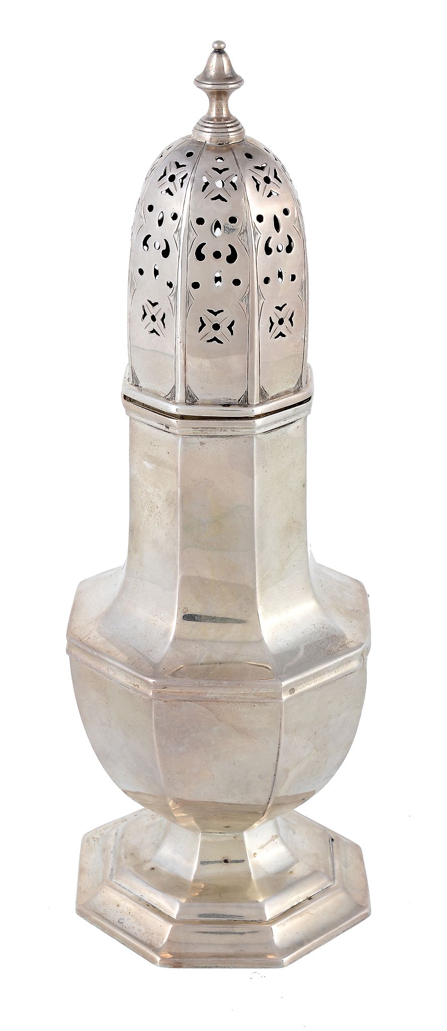 An Edwardian cased silver octagonal baluster sugar caster by Charles &...  An Edwardian cased silver