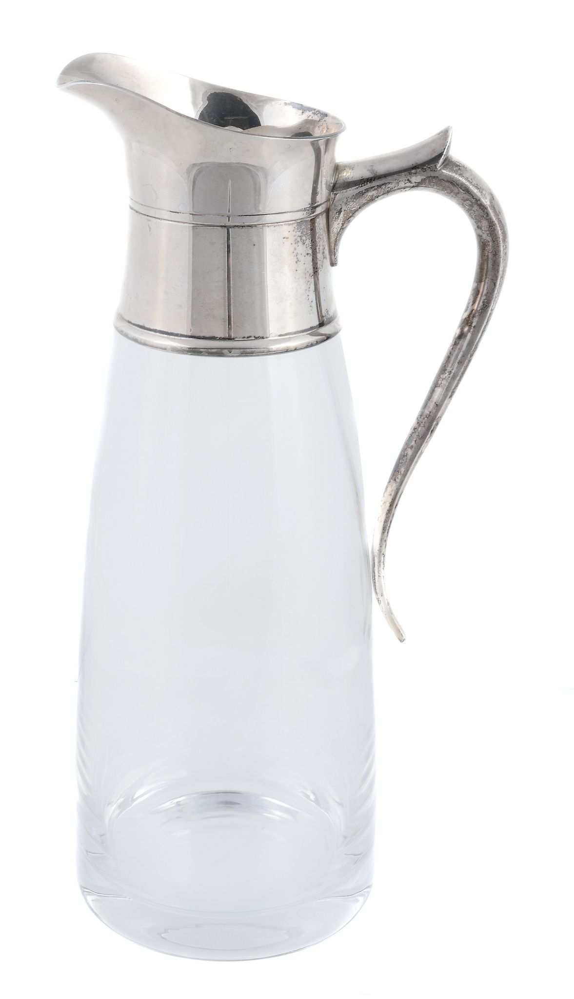 A silver mounted clear glass cocktail or cordial jug by J. A  A silver mounted clear glass