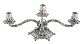 An Italian silver coloured low two branch three light candelabrum by Ditta A  An Italian silver