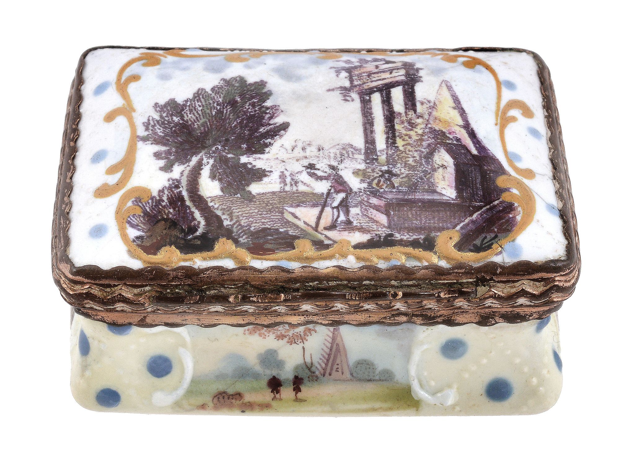 A south Staffordshire enamel rectangular double-lidded snuff box, circa 1760-65  A south