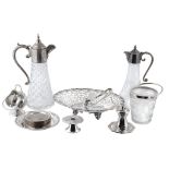 A silver mounted claret jug and a collection of electroplate, including  A silver mounted claret jug