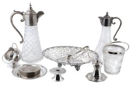 A silver mounted claret jug and a collection of electroplate, including  A silver mounted claret jug