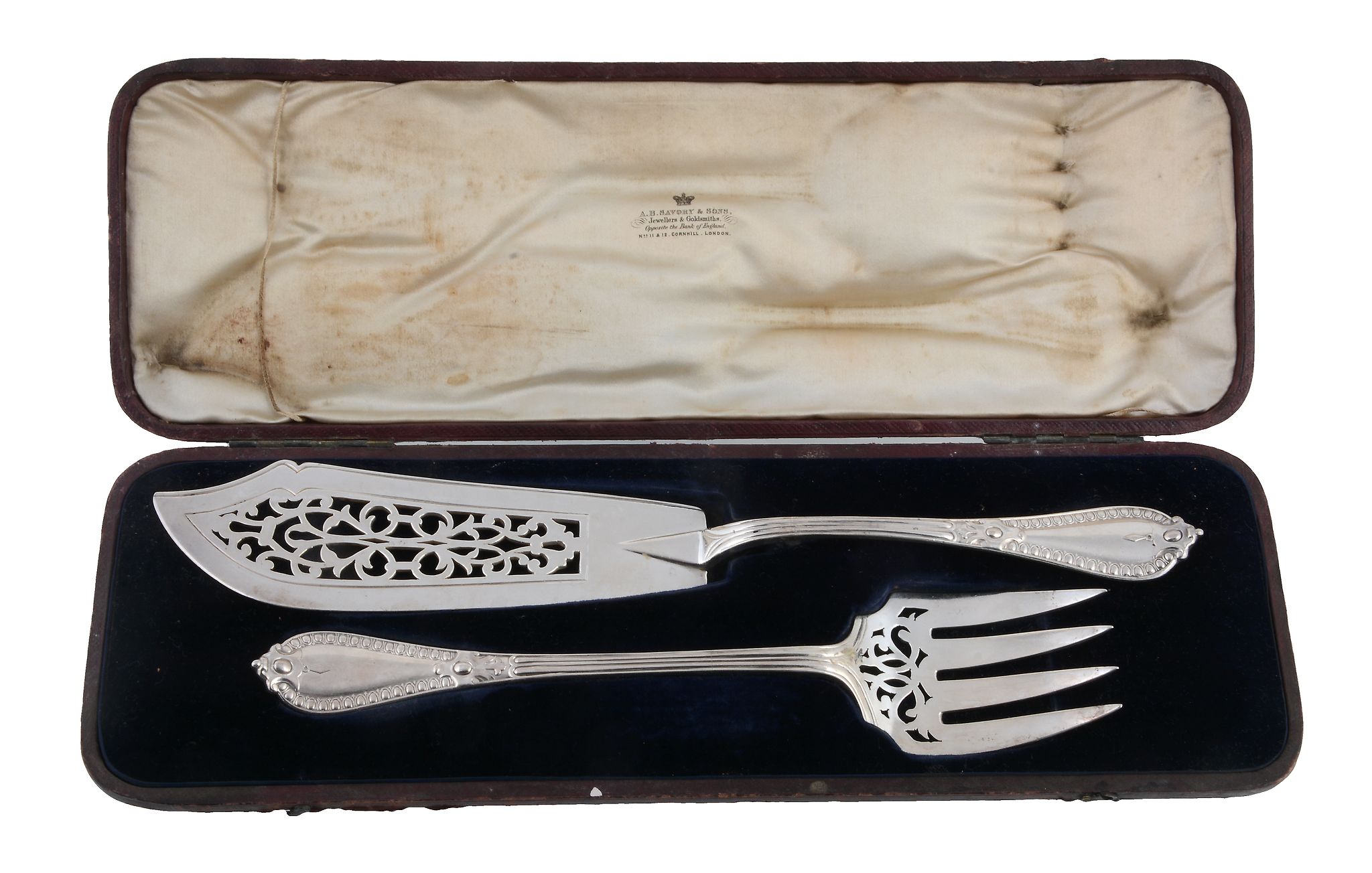 A cased pair of Victorian silver Crecian pattern fish servers by Chawner & Co  A cased pair of