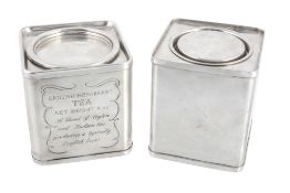 Two Italian silver coloured novelty tea caddies modelled as tea tins  Two Italian silver coloured
