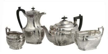 A silver three piece oblong baluster tea service by Alexander Clark & Co. Ltd  A silver three