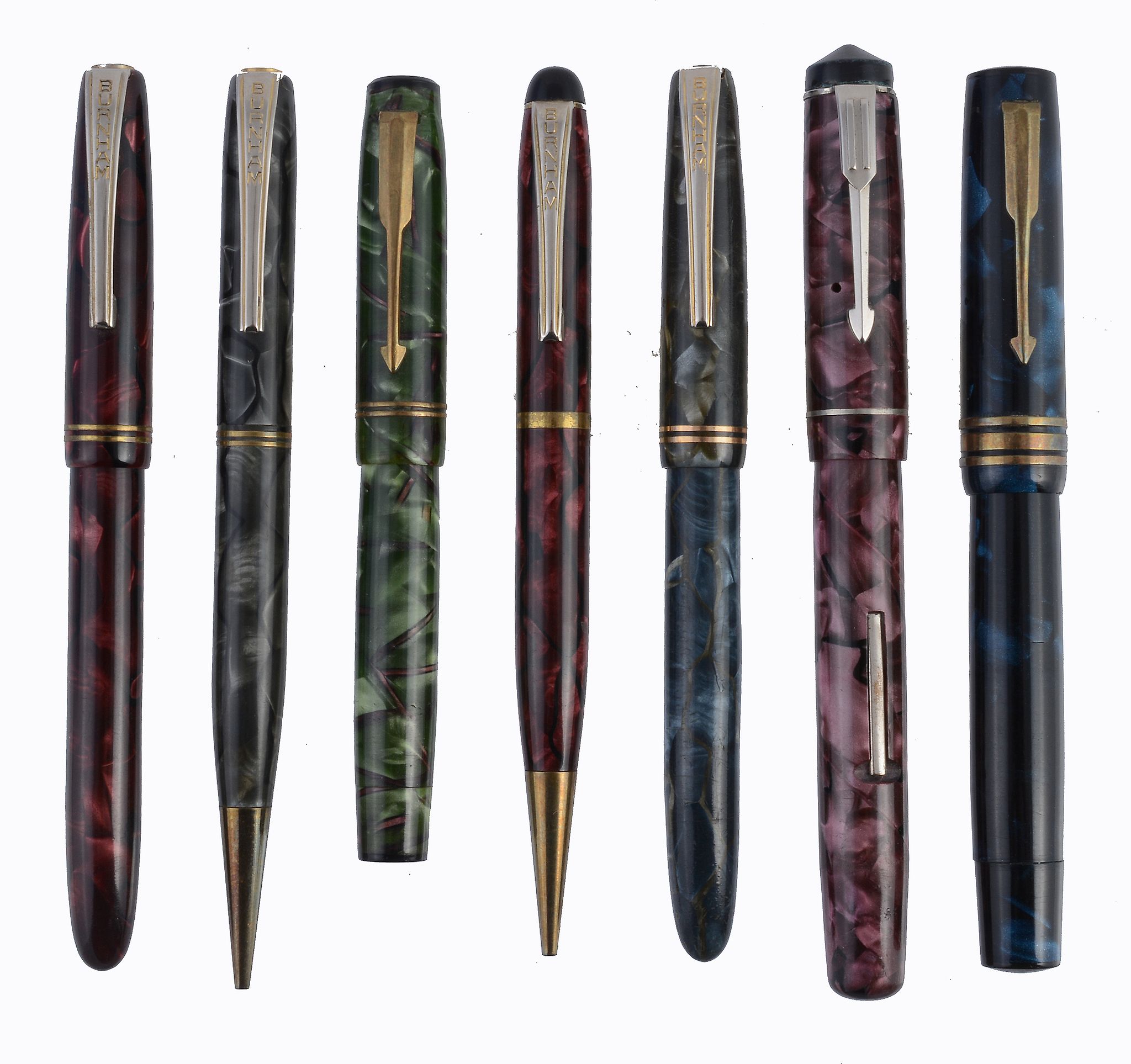 Burnham, a red marbled fountain pen, the nib stamped 14ct  Burnham, a red marbled fountain pen,