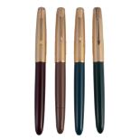 Four Parker 51 fountain pens, each with a different coloured resin body  Four Parker 51 fountain