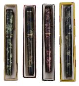 Mentmore, auto flow, a green marbled fountain pen, the nib stamped 14ct  Mentmore, auto flow, a