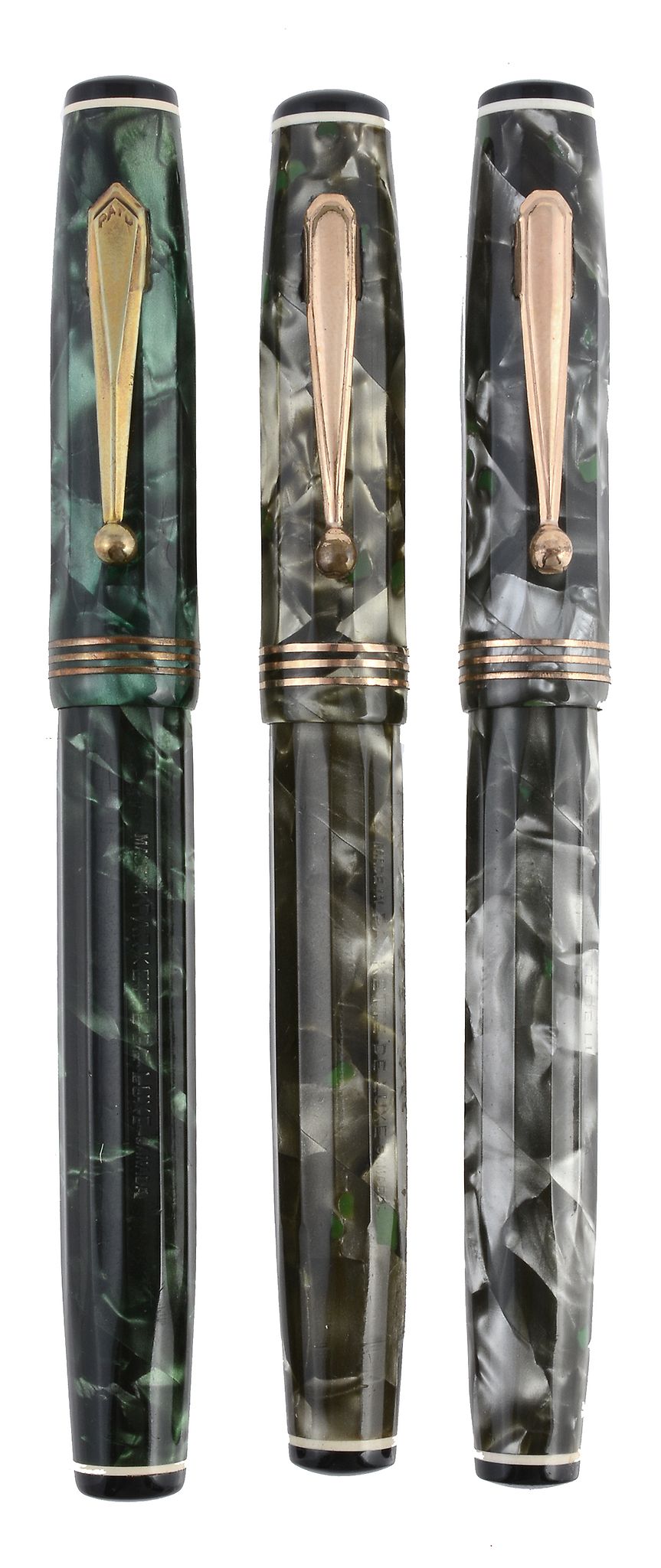 Parkette, De Luxe, green marbled fountain pen, nib stamped 14K and F  Parkette, De Luxe, green