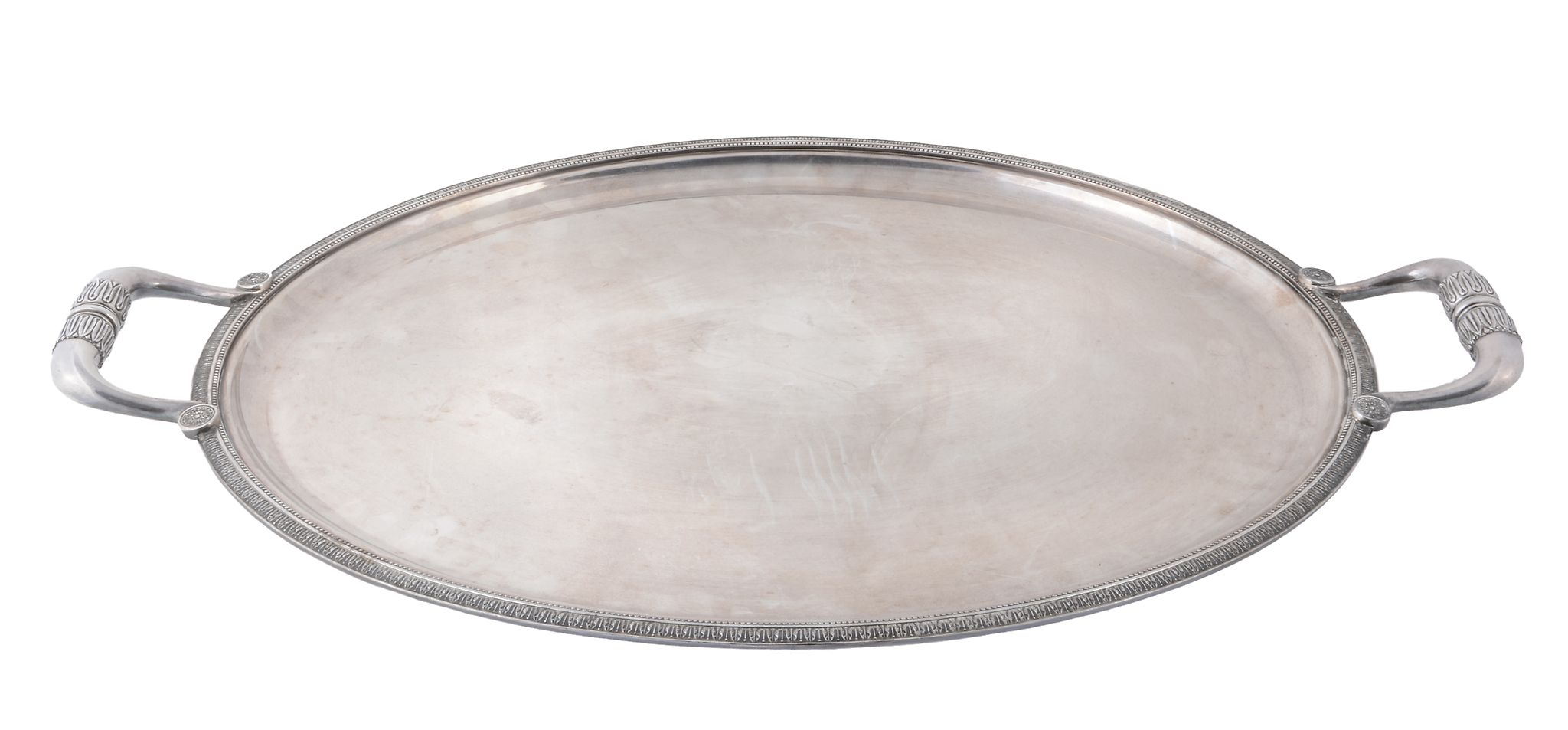 A French electroplated twin handled oval tray by Christofle, stamped marks  A French electroplated