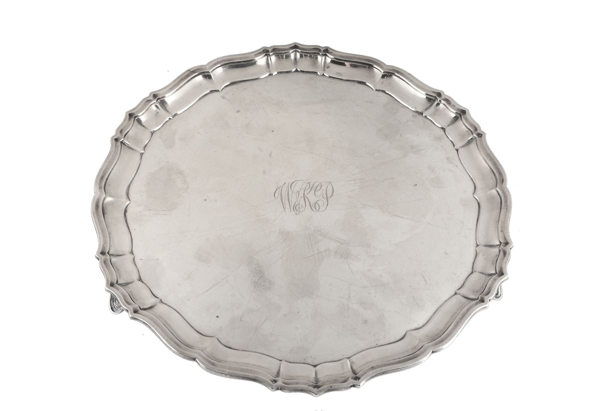 A silver shaped circular salver by Atkin Bros, Sheffield 1931, engraved W&KP  A silver shaped