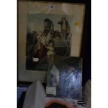 A quantity of prints and pictures, linen, assorted textiles and a table lamp (sold as parts) (qty)