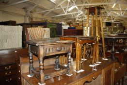 A nest three occasional tables, 17th century style small side table, carved oak stick stand and a