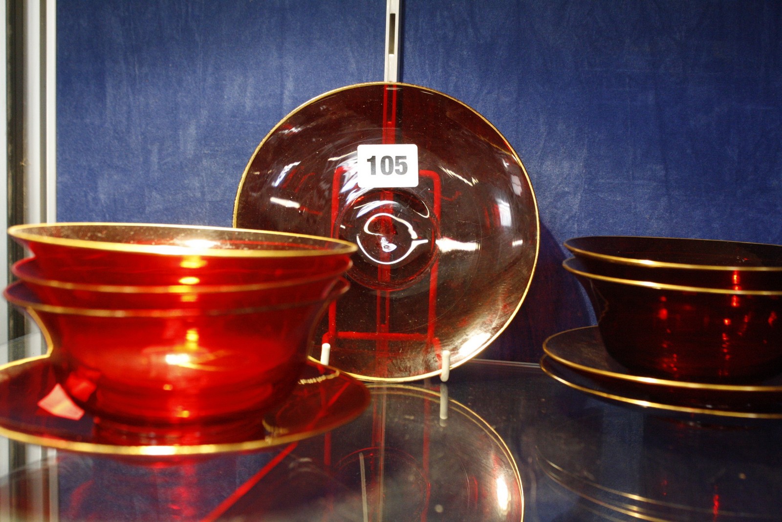 Victorian ruby glass bowls and saucers with gilt rims -22