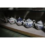 Assorted tea pots to include two Worcester tea pots with blue crescent mark to base (AF), a
