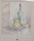 Paul Banning (b. 1934), Still life of lemons with green bottle, Watercolour, Signed lower left, 30cm