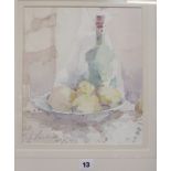 Paul Banning (b. 1934), Still life of lemons with green bottle, Watercolour, Signed lower left, 30cm