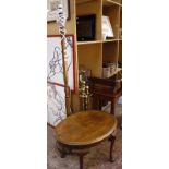 A mahogany standard lamp, brass fire tools, two occasional tables and a book stand -5