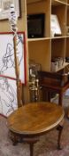 A mahogany standard lamp, brass fire tools, two occasional tables and a book stand -5