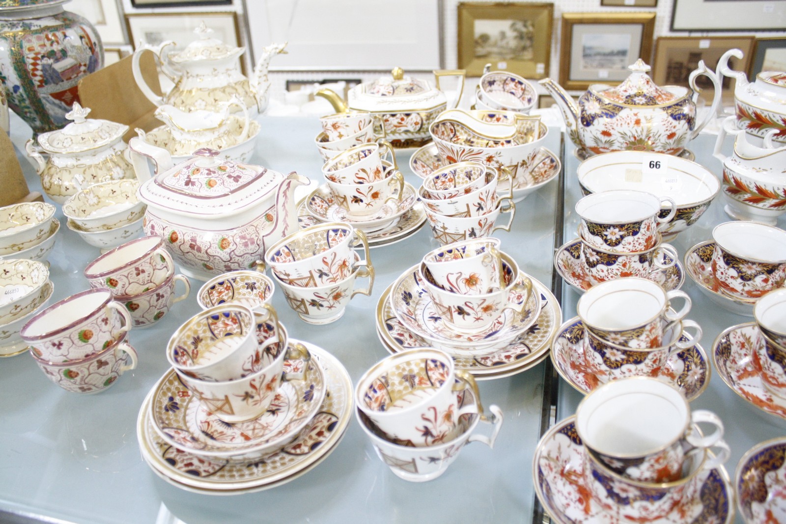 A quantity of 19th Century part services to include a pink lustre teapot and four matching