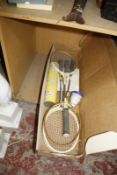 A Badminton set, boxed and other Badminton rackets in cardboard box Best Bid