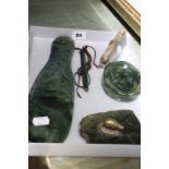 A Maori green hardstone Patu, 30cm long, a green hardstone ashtray and other green hardstone