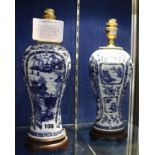 A pair of Chinese blue and white ceramic vases turned table lamps, on wooden stands, inverse