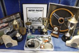 A quantity of racing and motoring memorabilia to include trophies, pewter ashtray 'Goodwood 9th July
