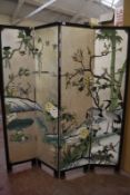 A Japanese four fold lacquer screen depicting a landscape scene of birds and foliage 183cm high,
