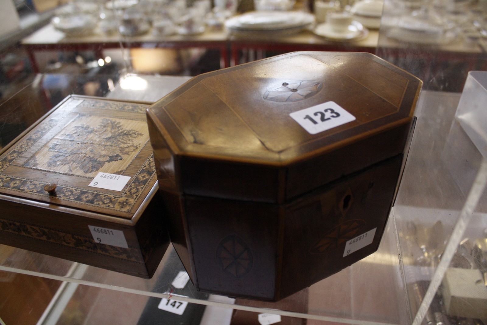 A 19th Century mahogany inlaid octagonal caddy box and a Tunbridge ware box with hinged lid -2