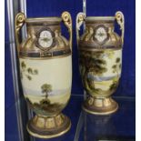 Pair Noritake two-handled vases, painted with lake scene, 26.5cm high