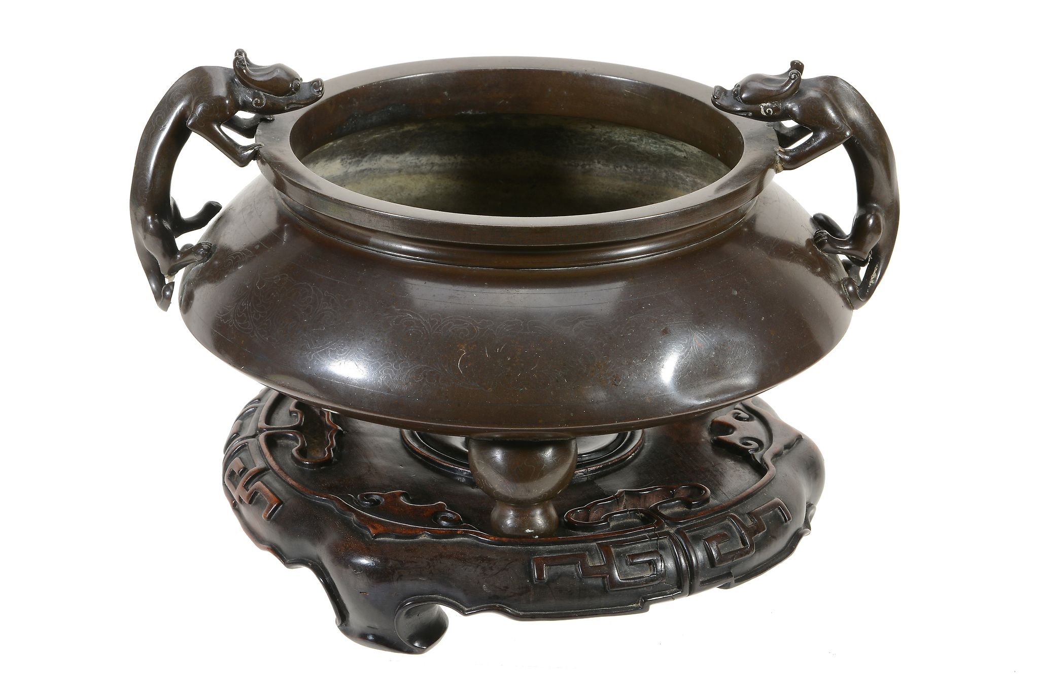 A Chinese silver-inlaid bronze tripod two-handled censer  , decorated to the body with a band of