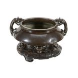 A Chinese silver-inlaid bronze tripod two-handled censer  , decorated to the body with a band of