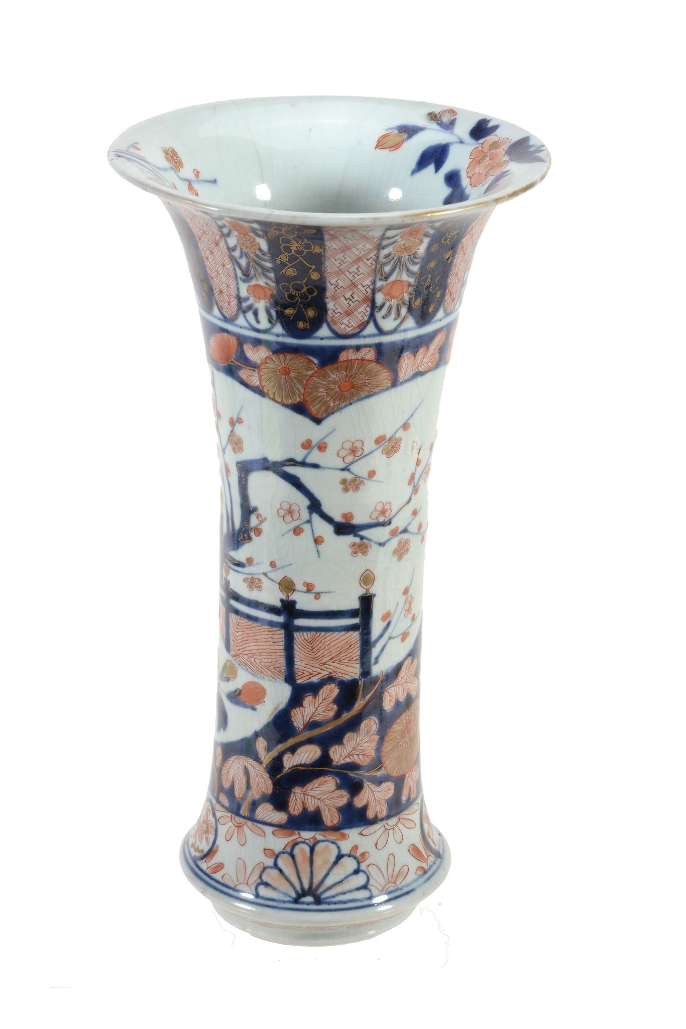 An Arita Beaker Vase   of typical form with trumpet neck, decorated in underglaze blue, rouge-de-