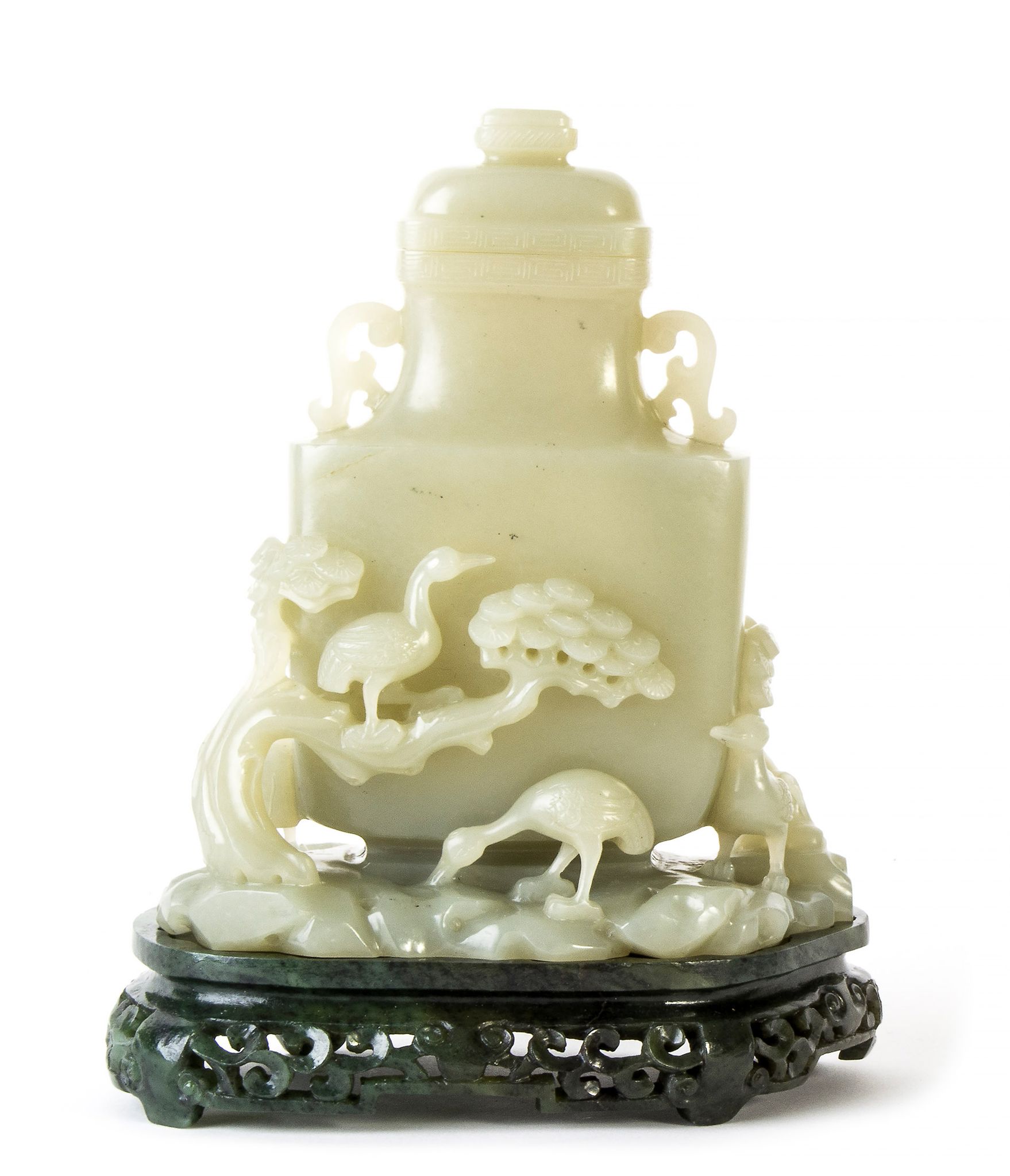 A carved white jade vase, Qing dynasty  , of flattened baluster form with well hollowed interior, - Image 2 of 2
