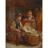 William Hemsley (1819-1893) - Two Children with a baby asleep in a crib Oil on board Signed in black