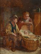 William Hemsley (1819-1893) - Two Children with a baby asleep in a crib Oil on board Signed in black