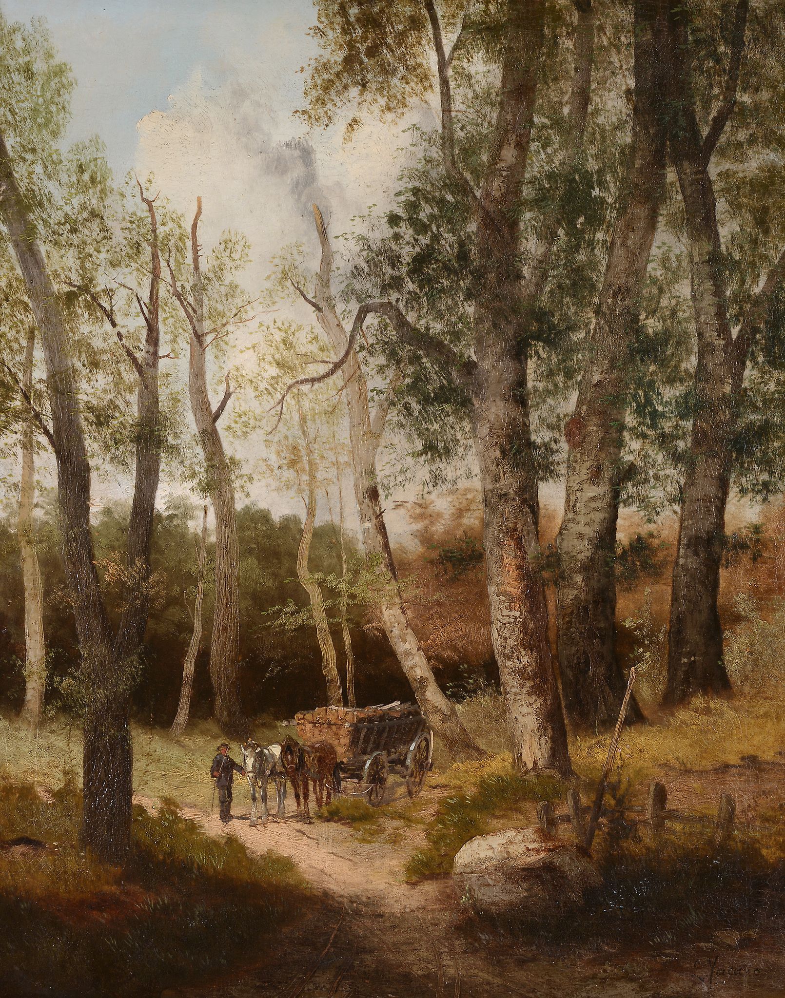 Continental School (19th Century) - Carthorses in a wooded landscape Oil on canvas Indistinctly