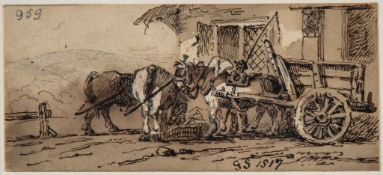 19th century English School - Figure with horses and cart before an inn Pen and brown ink, with