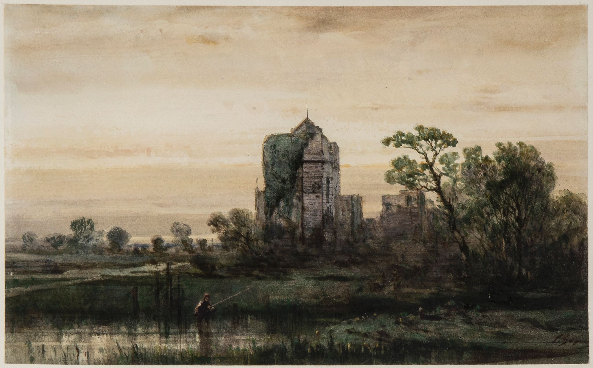 Charles Hoguet (1821-1889) - French castle in a marshland Watercolour over pencil and ink Signed
