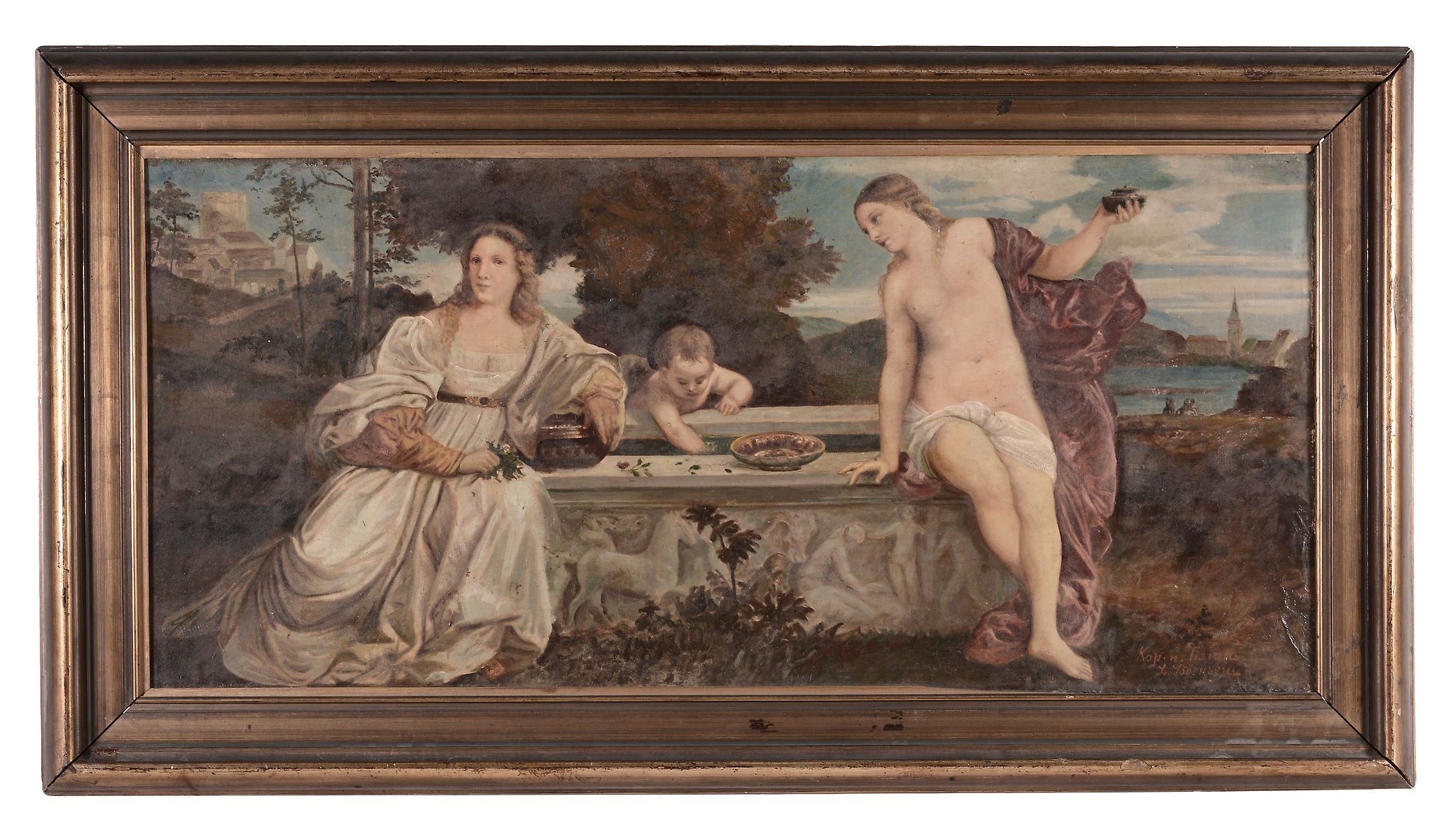 After Titian - Sacred and Profane Love Oil on board Inscribed   Kop. n. Tizian/ L. Forensen - Image 3 of 3