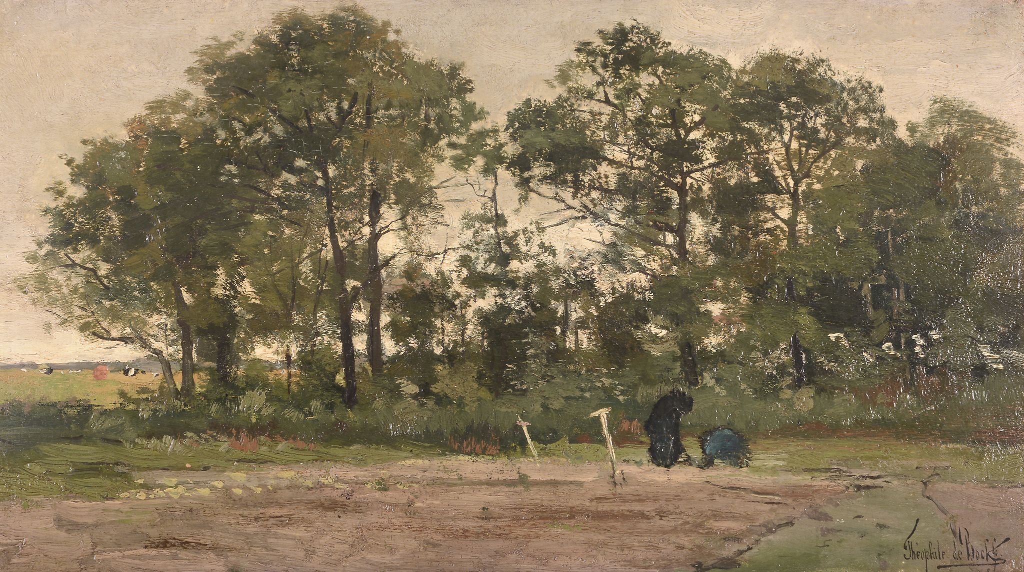 Théophile de Bock (1851-1904) - Potato Gatherers Oil on panel Signed lower right 30 x 54 cm. (11 3/4