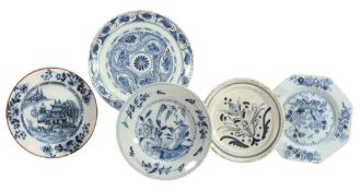 Two English delft blue and white chinoiserie plates, circa 1760, one octagonal  Two English delft