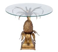 A gilt metal and glass topped pineapple pattern occasional table  A gilt metal and glass topped