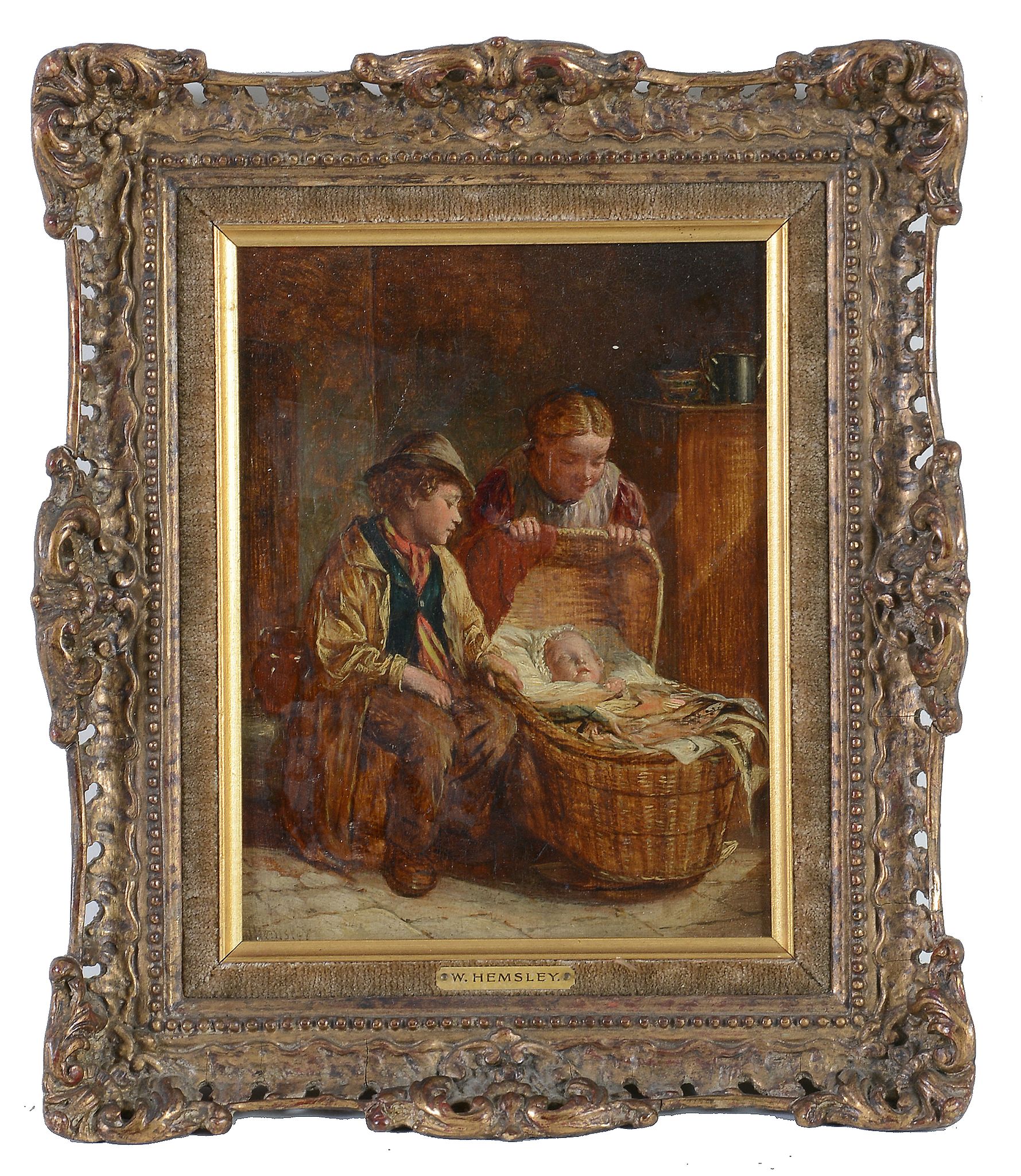 William Hemsley (1819-1893) - Two Children with a baby asleep in a crib Oil on board Signed in black - Image 2 of 2